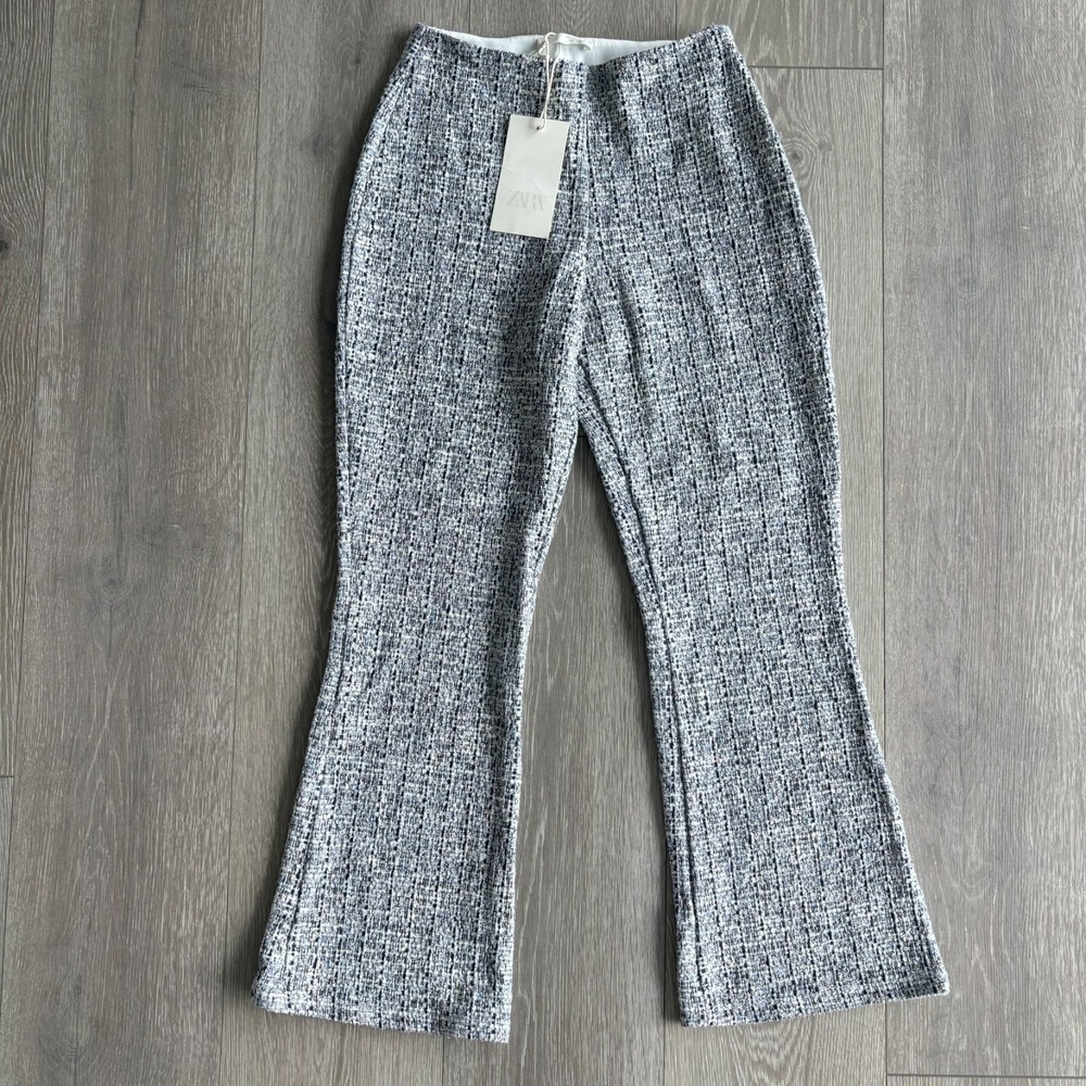 NWT Zara Womens Black White Mid Rise Tweed Flare Textured Trousers Pants Size S